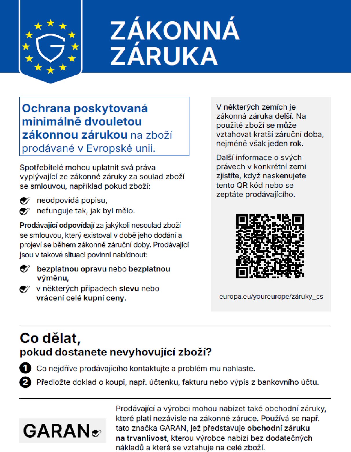 Harmonizované oznámení EU o zákonné záruce a obchodní záruce na trvanlivost